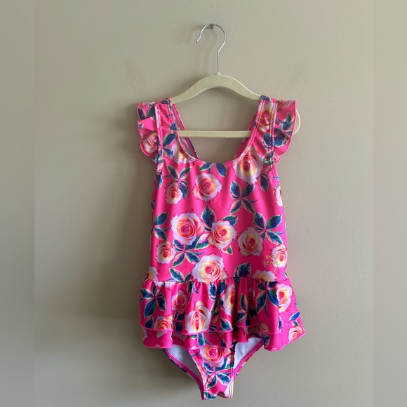 Betsey Johnson | KIDS Floral Pink Ruffle Swimsuit, Size 7/8 - Picture 4 of 8